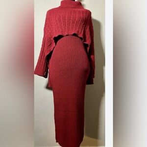 Chic Mustard Long Sleeve Knit Dress and Knit Poncho Women’s Large L